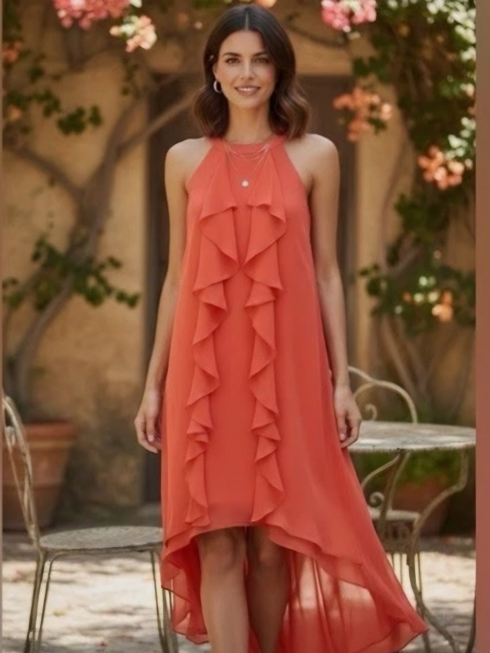 Jennifer Lopez Coral Ruffle High-Low Halter Dress